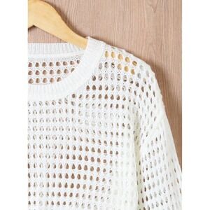 Ivory Open Knit Mesh Sweater Relaxed Boho Crochet Pullover Medium Beach
